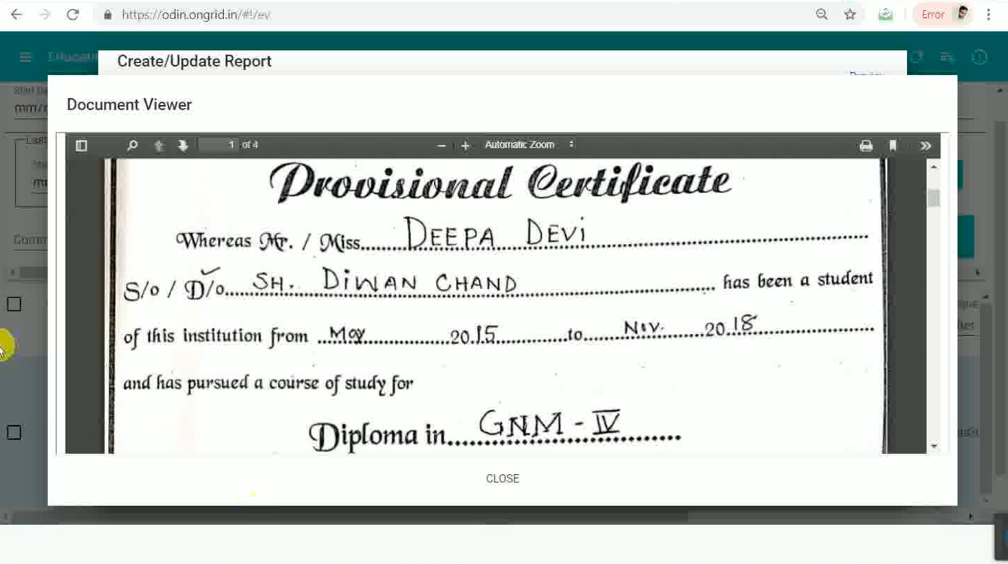 Separate document portal — verification details in ODIN, documents elsewhere