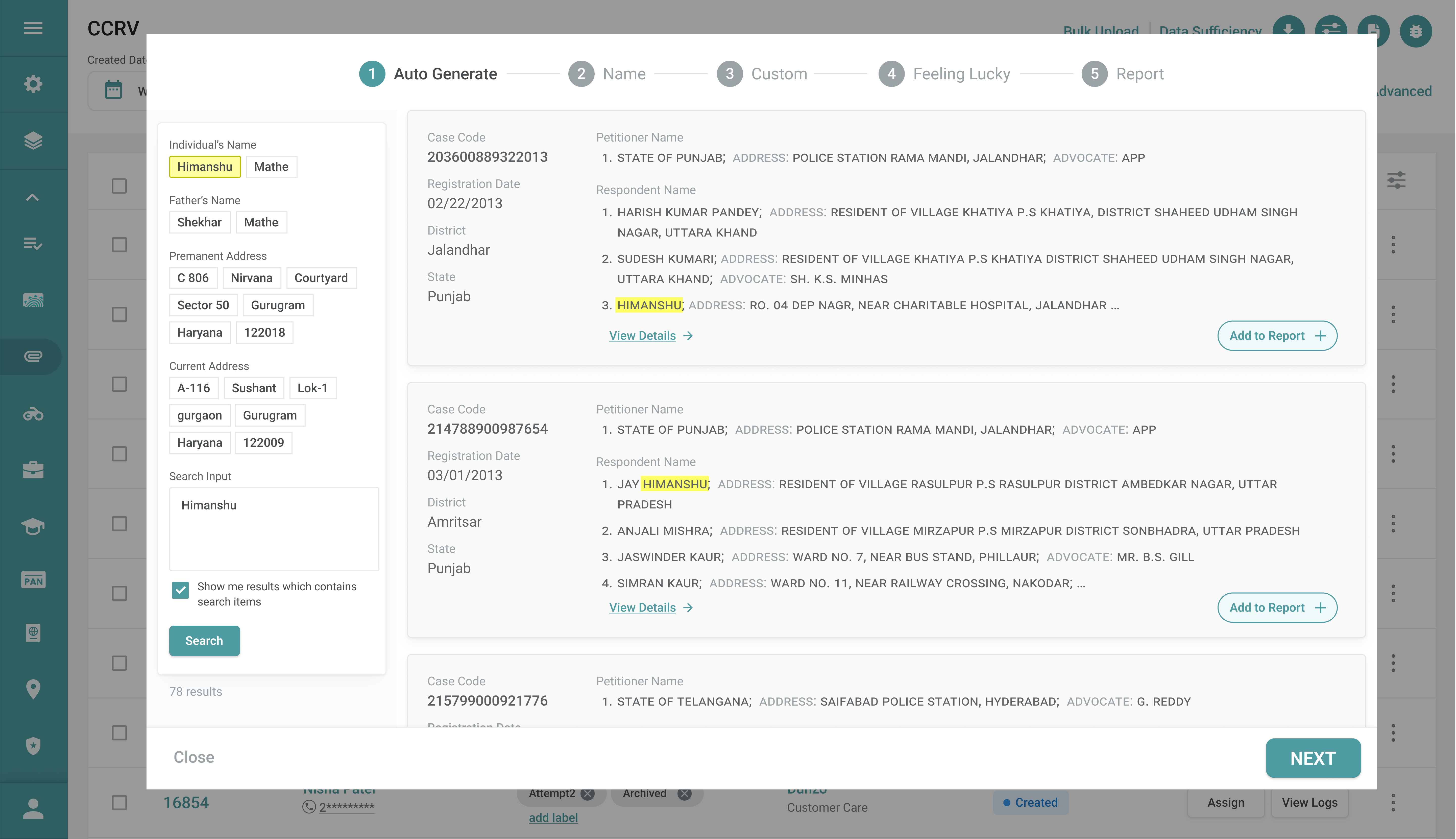 CCRV modal dialog with focused case review