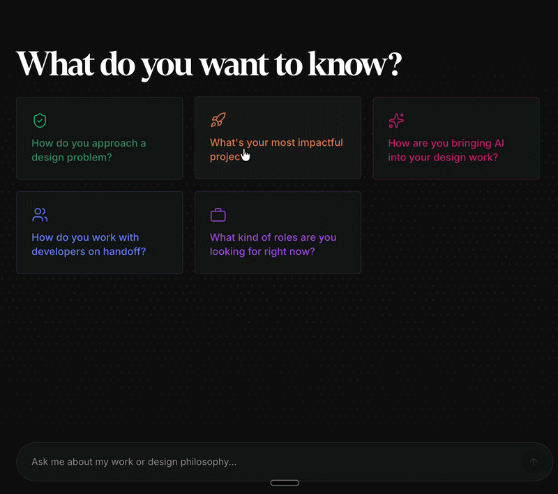 The Ask Me page: a question typed in, and a Claude-generated answer typing itself out in reply.
